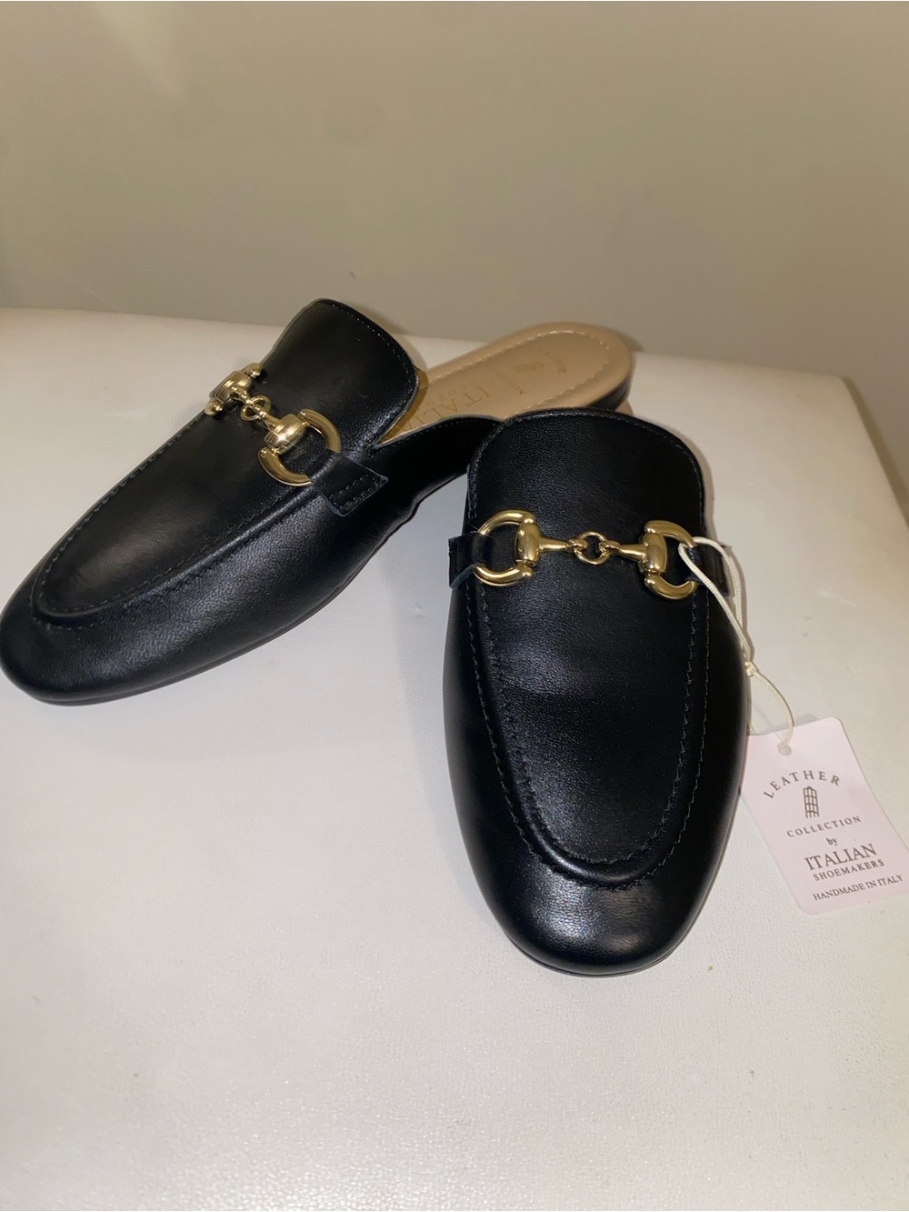 NWT, Genuine Black Leather Slip-On Mules with Gold Hardware
